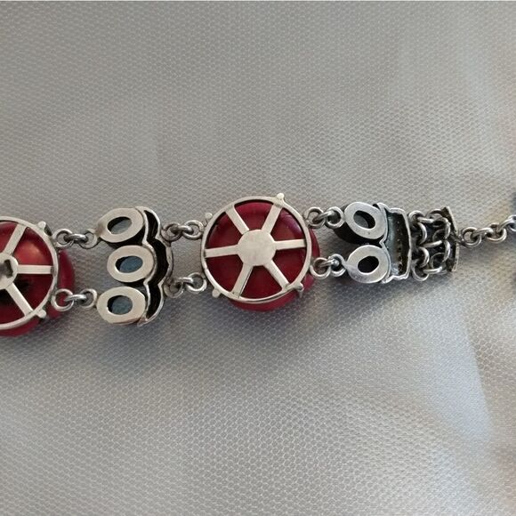 VINTAGE 925 Silver Bracelet with 10 TOPAZ and 3 Red Roses Toggle Closure - Picture 8 of 13
